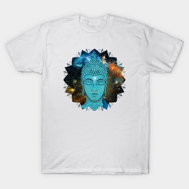 Blue Face of Buddha in the Galaxy T-Shirt by MandalaSoul